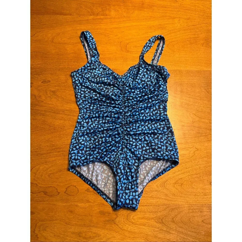 Gabar Women's Floral Ruched Front V-Neck One-Piece Swimsuit Navy Blue Size 14